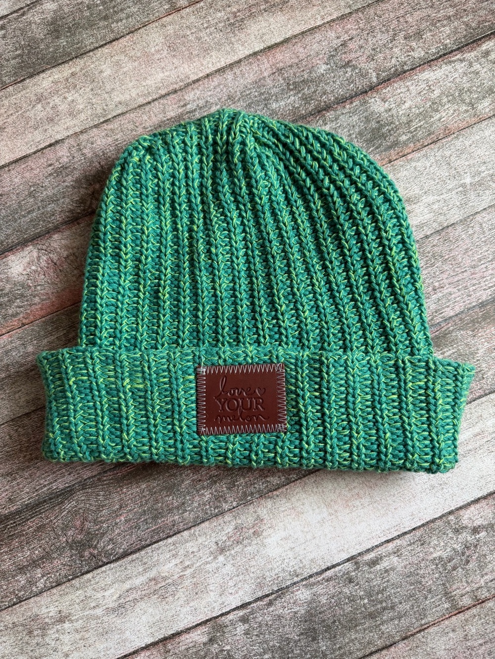 Love Your Melon Green Knit Cuffed Beanie with Leather Patch